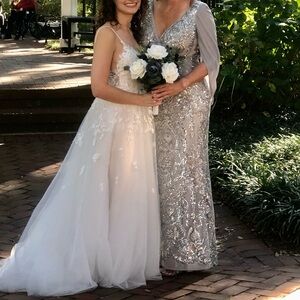 R&M Richards Silver Sequin Embellished Wedding Gown